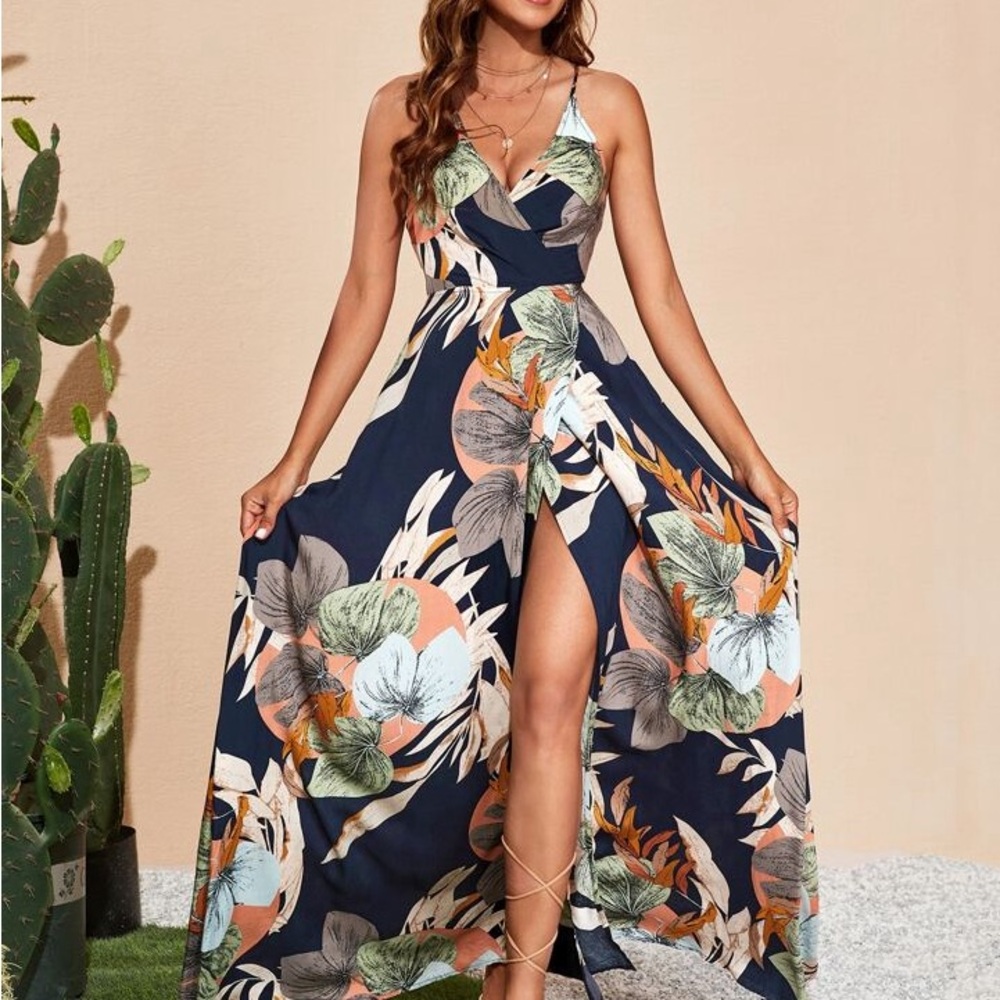 SHEIN Blue and White Slit Maxi Sundress